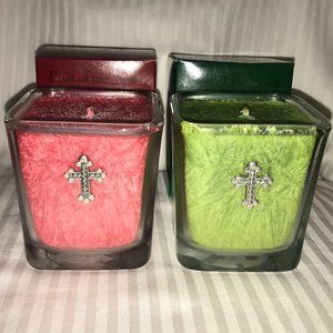 NEW IN BOX! SET OF 2 FRUIT OF THE SPIRIT 7 OZ GLASS CANDLES WITH CROSS BEAUTIFUL